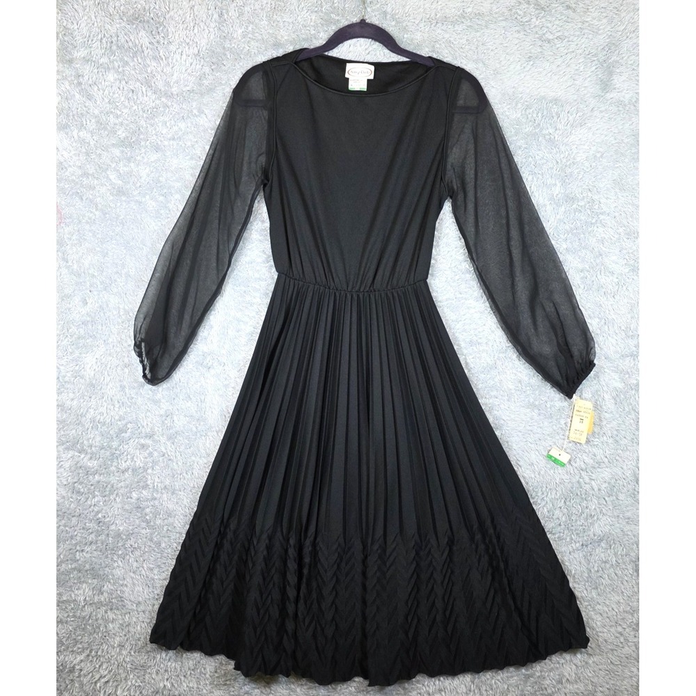 Vtg Amy-Deb Black Pleated Midi Dress Sheer Long Sleeves Accordion Chevron NOS 10
